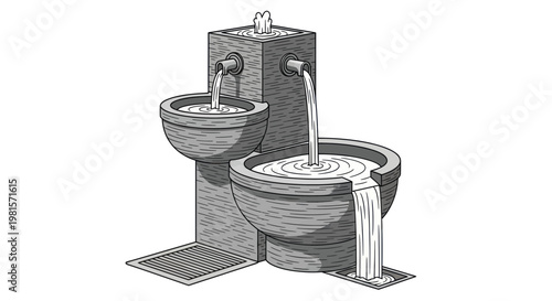 Public drinking fountain with cascading water in stone bowls