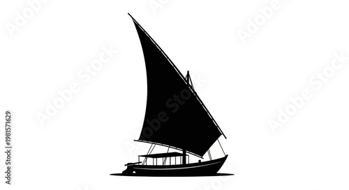 Traditional Dhow Boat Silhouette with Large Sail on White Background