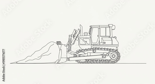 Line Art Illustration of a Bulldozer Pushing Dirt.