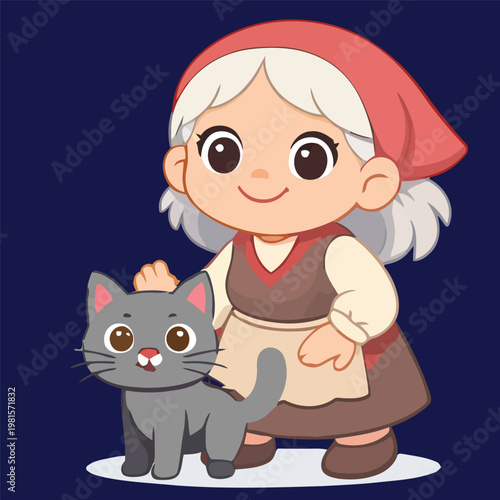 078-29-Elderly woman with gray hair stroking her cute pet cat