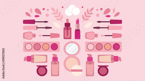 Collection of Pink Makeup Products Arranged Artistically.Mascara, mascara wand, eyeliner, lip gloss, lipstick, eyeshadow palette, blush palette, compact powder, face powder, foundation bottle