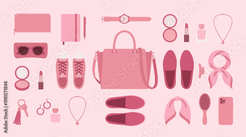 Sheet of Pink Women's Accessories and Items.Handbag, sneakers, flat shoes, sunglasses, wrist watch, necklace, necklace pendant, earrings, scarf, headscarf, keychain, lipstick, lipstick tube, perfume