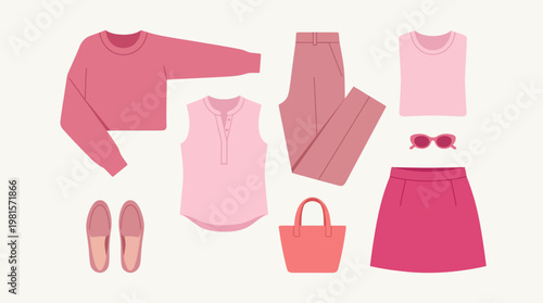 A collection of pink clothes and accessories arranged evenly. sweater, trousers, shoes, bags, glasses, t-shirts, skirts