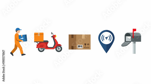 Delivery service icons showing transport, delivery, a package box, package location, package recipient location