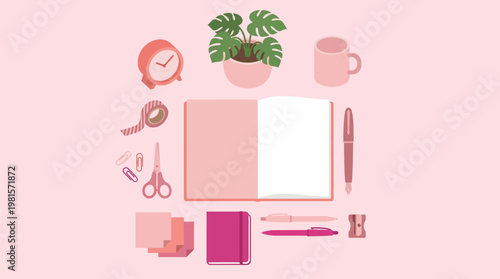 Flat layout of pink stationery and office supplies.book,cup,scotch tape,scissors,pen,note book,paper clip,sticky notes,plant