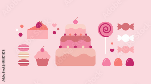 Delicious Sweets Collection: Various Pink Desserts and Candies. lollipops, candies, macarons, birthday cakes, puddings,