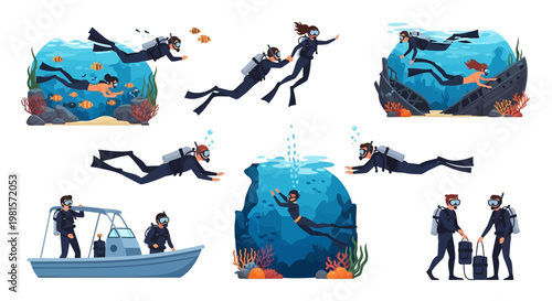 Scuba Diving Collection: Divers Explore Underwater World, Boat, and Marine Life