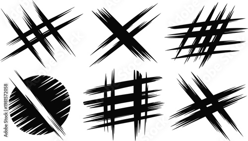 Bold black crosshatch and scratch marks create dynamic abstract texture patterns.