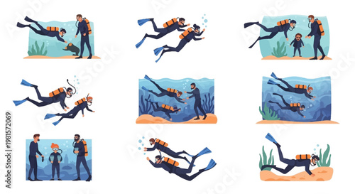 Scuba Diving Lessons: Instructor Teaching Student Underwater Safety and Techniques