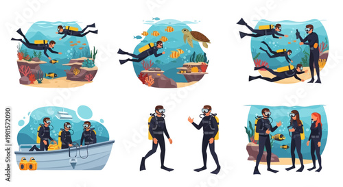 Scuba Divers Exploring Underwater World, Learning and Preparing for Dive