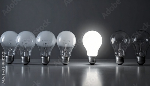 Single glowing bulb among unlit, symbolizing creativity and innovation