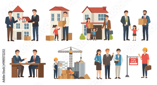Real estate agents, families, construction workers, and business people in various scenarios