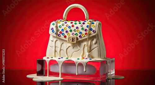 A stylish handbag sits on a table against a vibrant red background