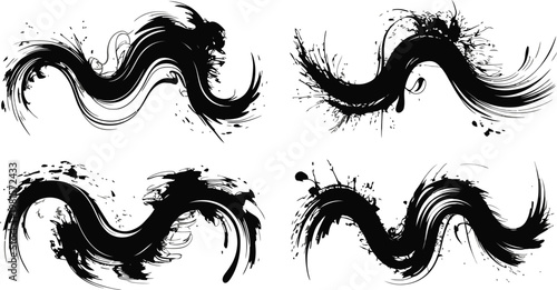 Dynamic Wavy Black Ink Splatters and Fluid Paint Brush Strokes