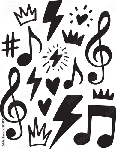 Hand drawn black music notes lightning bolts crowns hearts and hash symbols vector collection.