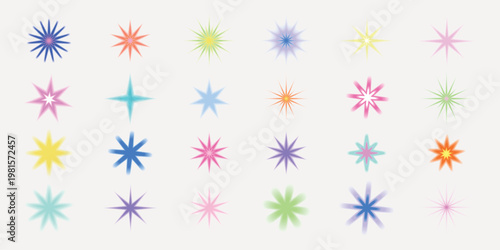 Colorful starburst icons in various hues and styles on a white background. Includes blue, pink, yellow, and green starbursts. Vibrant and diverse starburst designs. Cute glowing element set vector.