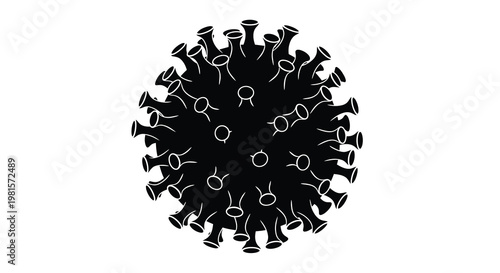 A black silhouette of a coronavirus particle against a white background
