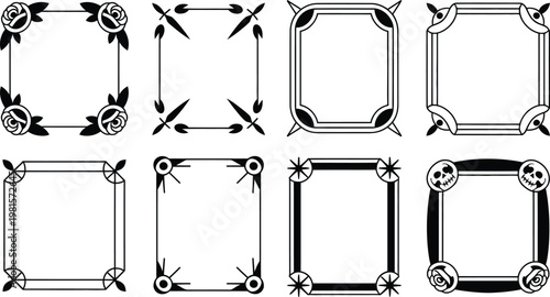 Black decorative frames feature elegant symmetrical corner ornaments and borders.