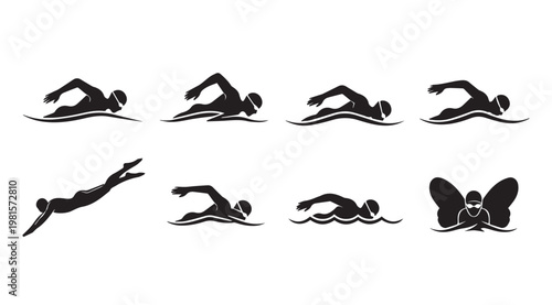 Diverse swimmer silhouettes in various strokes during water sport activity