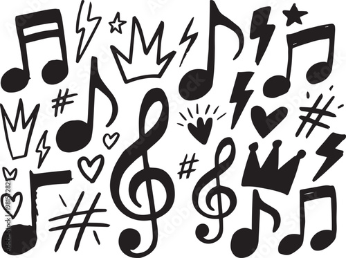 Hand drawn musical notes crowns hearts lightning stars and hash symbols for creative designs.