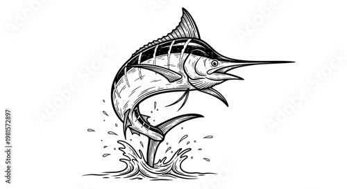 Jumping Marlin Fish Sketch - Dynamic Ocean Predator Illustration