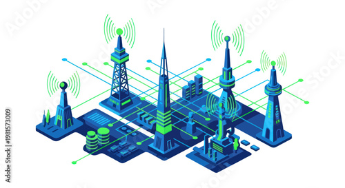 Digital Network Towers and Cityscape Illustration