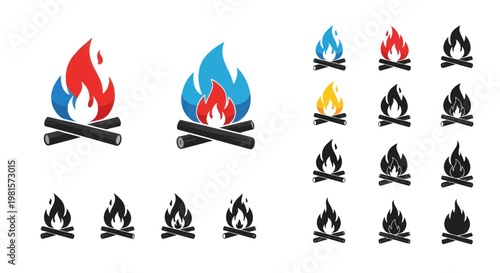 Bonfire Icons Set: Campfire Flames, Embers, and Firewood Symbols