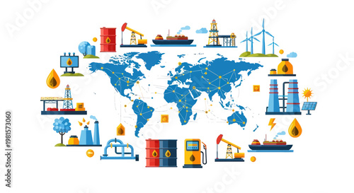 Global Energy Industry Network: Oil, Gas, Wind, Solar Power on World Map