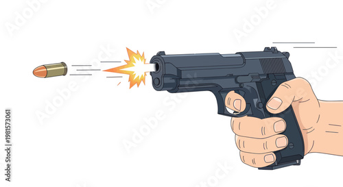 Hand firing pistol with bullet and muzzle flash on white background