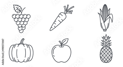 Healthy Fruits and Vegetables Icons Set: Grapes, Carrot, Corn, Pumpkin, Apple, Pineapple