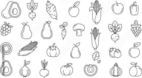 Hand Drawn Fruits and Vegetables Icon Set Outline Vector Collection with Organic Food Elements Healthy Fresh Produce Line Art Design