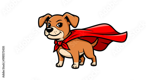 A courageous small brown puppy stands proudly wearing a vibrant red superhero cape on a clean white background with bold and bright primary color motifs.