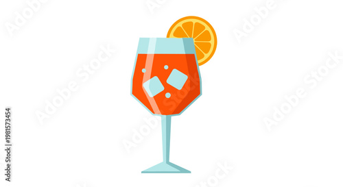 A refreshing orange aperitif cocktail sits elegantly in a modern geometric wine glass on a white background with bright and vibrant citrus color tones.