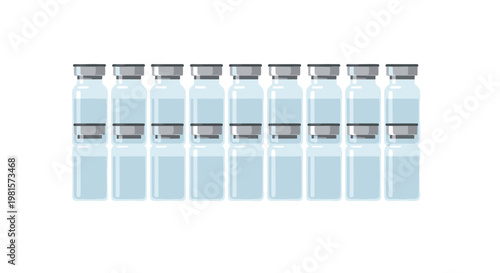 Multiple rows of identical glass vaccine vials with grey stoppers and pale blue liquid are arranged in a precise and clinical grid pattern on white.