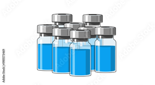 A group of medical glass vials containing vibrant blue liquid and sealed with grey caps is clustered together in a dynamic overlapping composition.