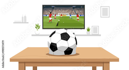A large black and white soccer ball sits on a polished wooden table in front of a television screen showing a stadium match with a vibrant cheering crowd.