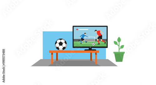 A detailed soccer ball sits on a vibrant orange table beside a television broadcasting a competitive match between players in a bright and airy room.