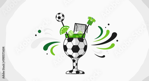Soccer-themed cocktail glass features a black and white ball pattern with a lime wedge and sports accessories surrounded by dynamic green splashes.