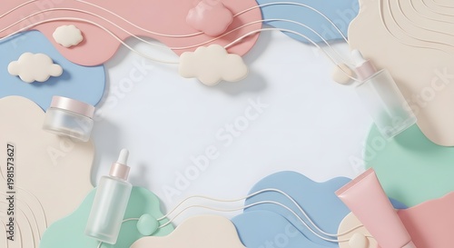 Elegant Pastel Skincare Bottles and Tubes Arrangement with Clouds and Waves
