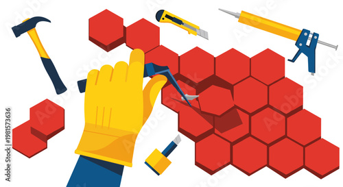 Gloved hand carefully applies a red hexagonal tile amidst various construction tools like a hammer and caulk gun on a clean and bright white workspace.