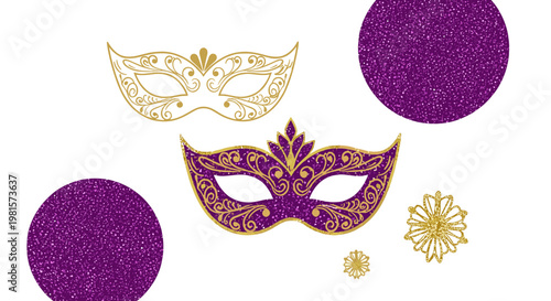 Collection of glittery purple and gold masks is arranged with sparkling circles and stars on a white background for a festive and celebratory theme.