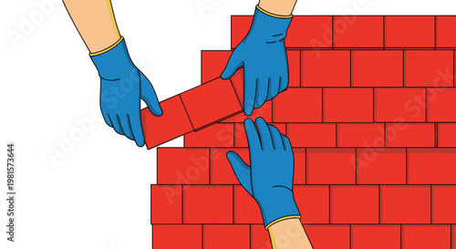 Hands wearing blue protective gloves are shown meticulously placing a red brick onto a growing wall of masonry against a plain and bright background.