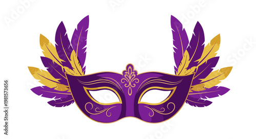Ornate purple masquerade mask is decorated with elegant gold swirls and symmetrical purple and gold glittery feathers against a pristine white space.
