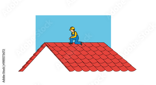 Small construction worker in a yellow helmet kneels on a red scalloped roof against a blue sky background within a minimalist and clean vector design.