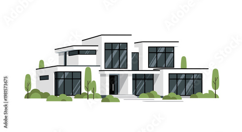 Sprawling white contemporary villa features multiple flat-roofed sections and expansive dark-framed glass windows surrounded by stylized green shrubbery.
