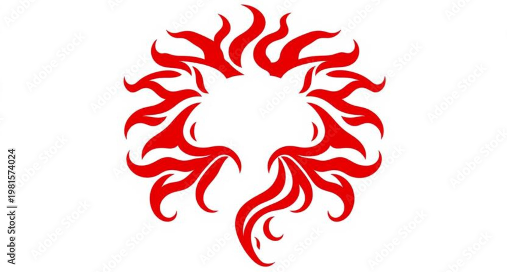 Fototapeta premium Red hot chili pepper vector illustration featuring a tribal dragon and phoenix fire pattern with floral ornament elements in a sun symbol style