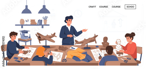 PrintCreative Art Classroom Scene with Teacher Guiding Students in Sculpture and Model Making Activities for Craft Course, School Workshop, and Educational Design Projects