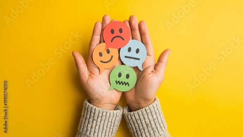 Hands hold colorful speech bubbles depicting different emotional expressions on a vibrant yellow background