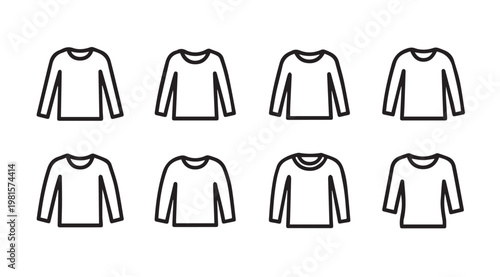 Eight Long Sleeve T-Shirt Icons in Minimalist Outline Style Against White Background