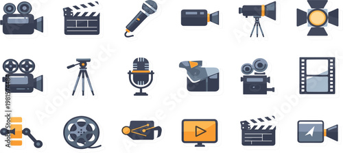 Film and Video Production Icon Set with Cameras Microphones Lighting Equipment and Editing Tools for Media, Broadcasting, and Cinematography Design Projects